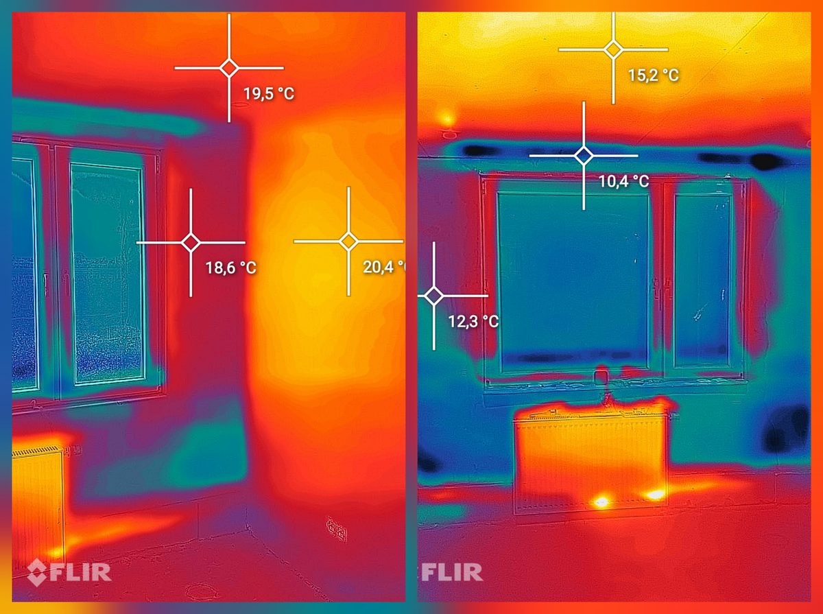 Two thermal images of a living room side by side. On the right, cold measuring points of 15.2, 10.4 and 12.3 degrees at the wall and window lintel; on the left, the same spot with 19.5, 18.6 and 20.4 degrees.